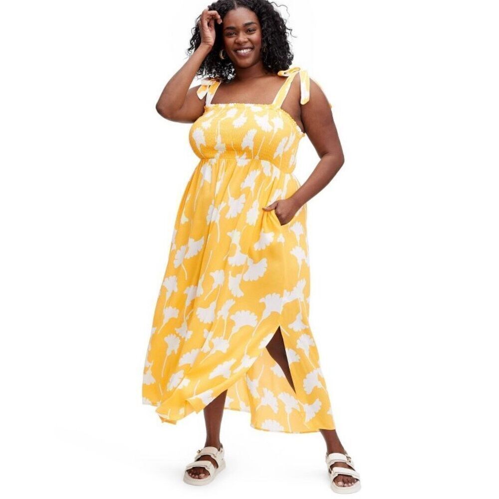 Diane Von Furstenberg x Target Smocked Tie Strap Ginkgo Yellow Midi Dress Size X
